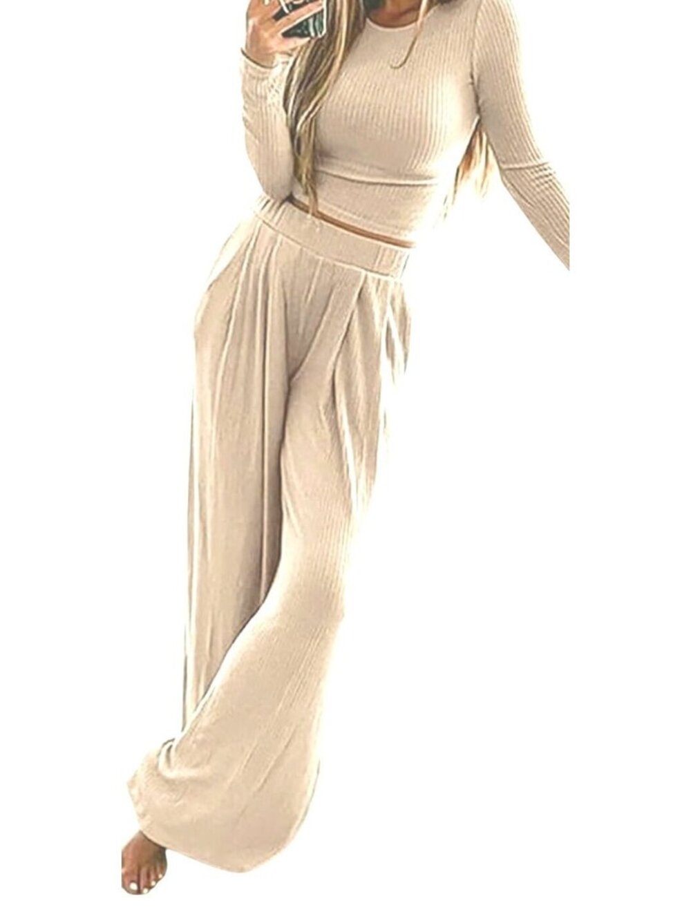 BTFBM Womens 2 Piece Lounge Set Ribbed Crop Top Wide Leg Pants Knit Tracksuit M